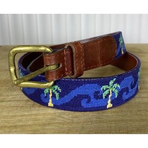 Smathers & Branson Waves & Palm Trees Needlepoint Belt Leather Brass Sz 36
